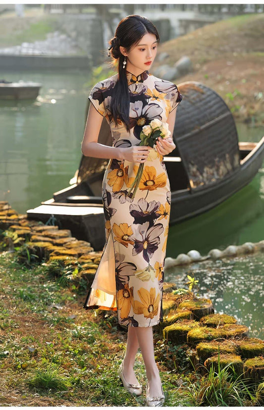 Vestido Qipao Floral Vintage,  Cheongsam de Estilo Clásico, Vestido de Verano, Vestido Oriental Floral, Vestido de Invitada de Boda Asiática