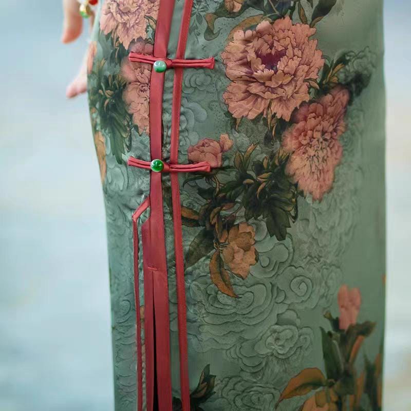 Vintage Floral Qipao, Green Brocade Cheongsam, Oriental Wedding Dress, Asian Retro Dress, Classic Qipao Dress, Tea Ceremony