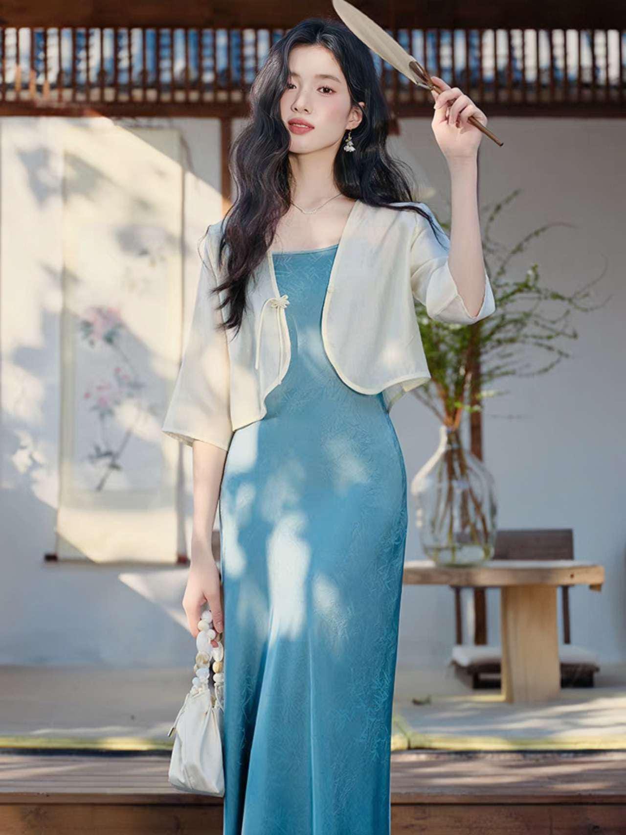 Conjunto Qipao de dos piezas,Vestido Estilo Zen,Moderno Conjunto Hanfu,Conjunto Verano Oficina,Vestido Asiático Minimalista,Ceremonia del Té