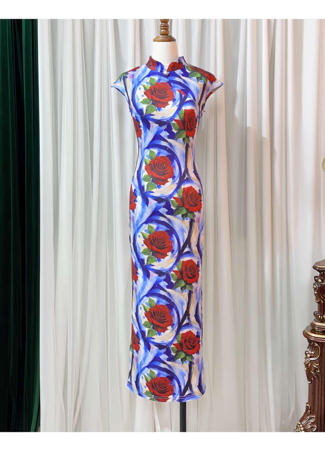 Vestido Qipao Estampado Rosa, Cheongsam Chino Floral,Vestido Rosa Rojo Abstracto, Qipao Moderno para Fiesta,Vestido Oriental Largo Azul Rojo