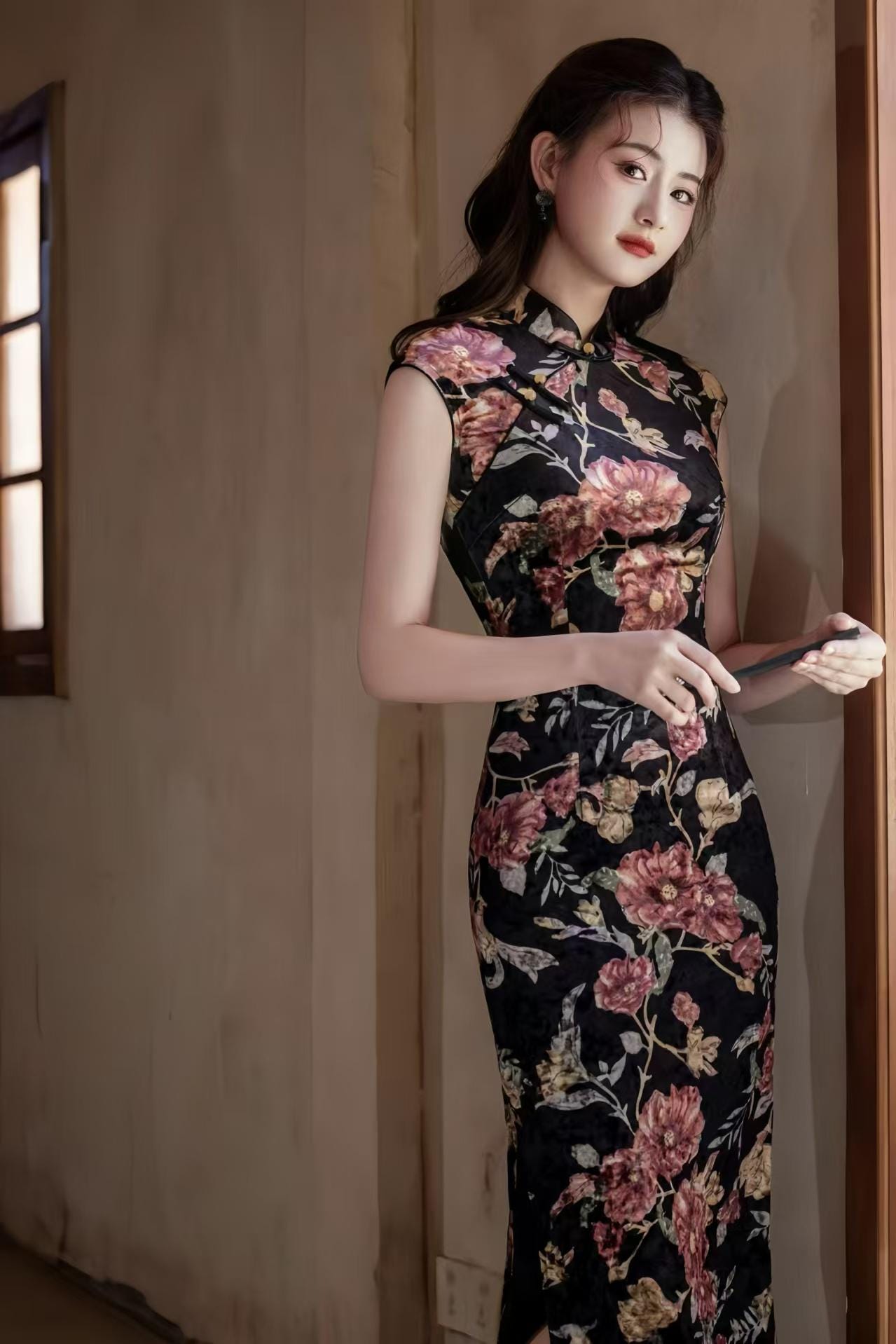 Black velvet qipao, floral print cheongsam, sleeveless Chinese dress, elegant vintage dress, autumn winter dress, gift