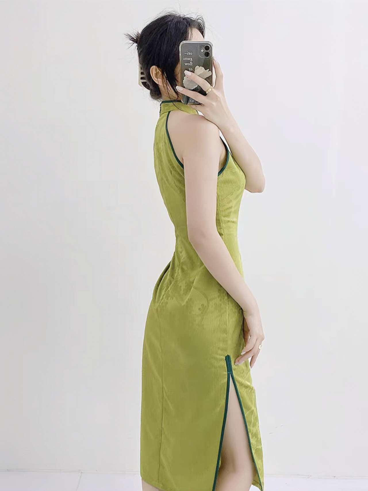 Qipao Verde Halter, Vestido de Brocado Floral Cheongsam, Vestido Chino de Verano, Traje de Invitada de Boda,Vestido Vintage Elegante para Té