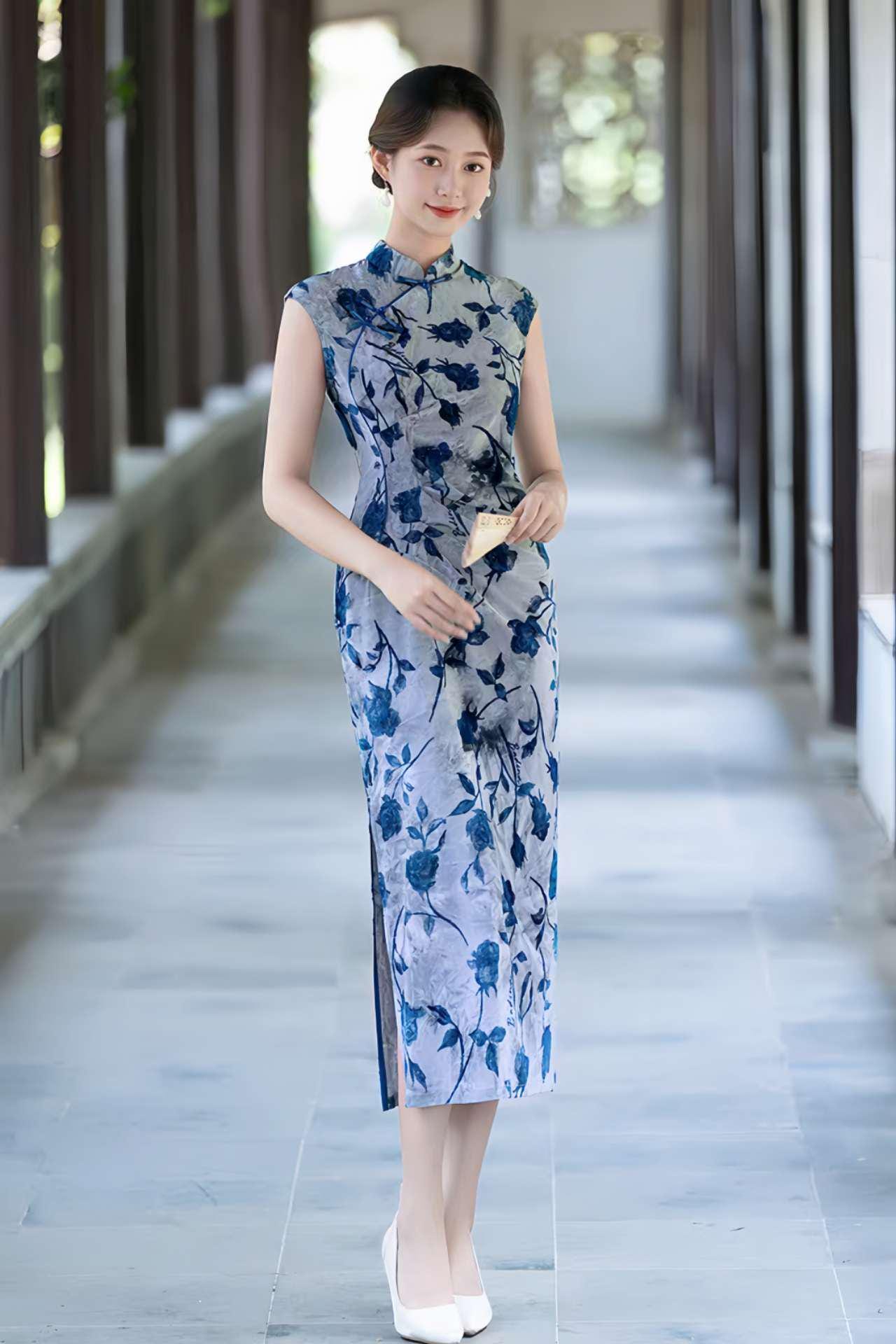 Floral Jacquard Qipao Dress, Elegant Blue Cheongsam, Vintage Chinese Dress, Classic Dress, Modern Oriental Dress, Light Blue Retro Dress