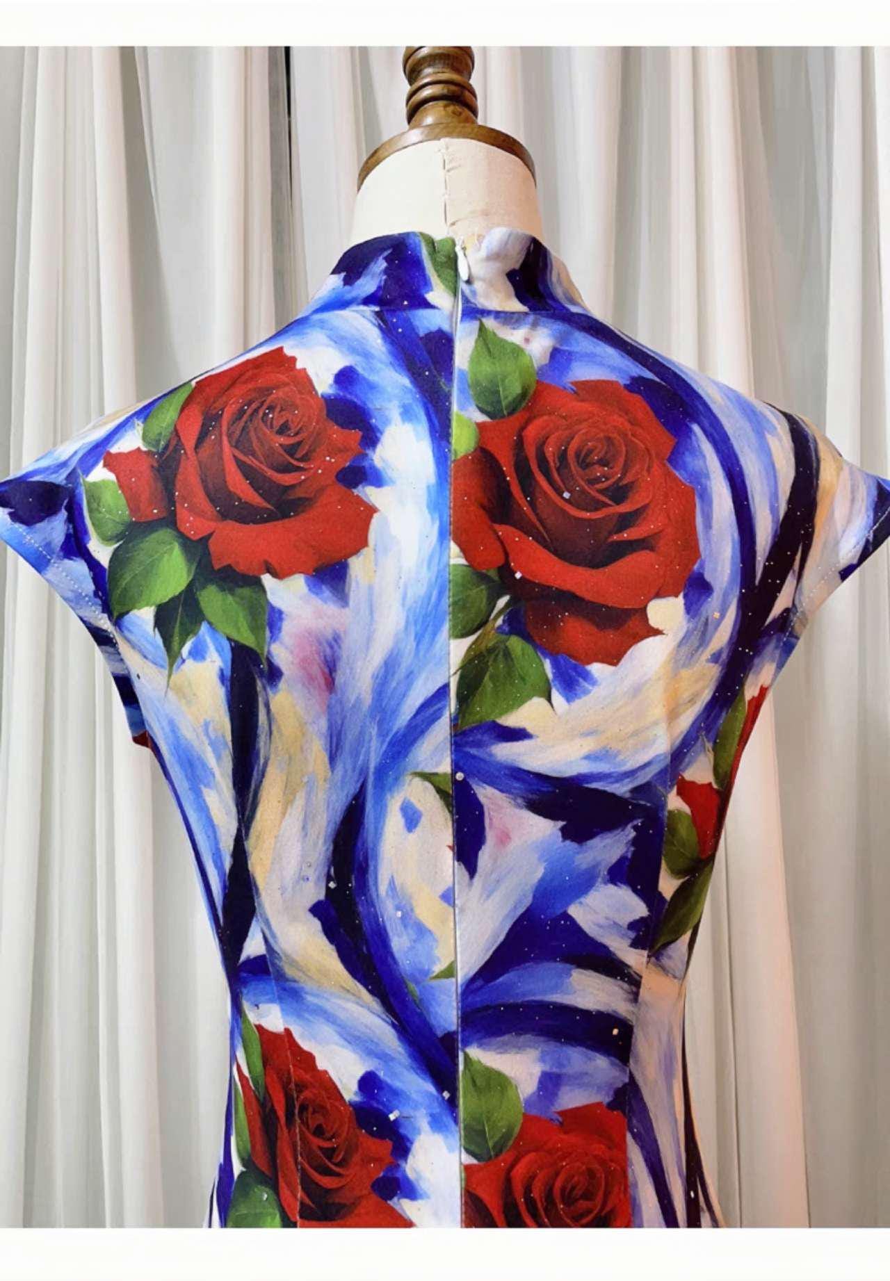 Vestido Qipao Estampado Rosa, Cheongsam Chino Floral,Vestido Rosa Rojo Abstracto, Qipao Moderno para Fiesta,Vestido Oriental Largo Azul Rojo