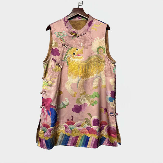 Top de Seda Qilin, Chaleco Bestia Mítica, AoDai Dinero Viejo, Blusa Vintage, Regalo Único para Ella,Trabajo diario/Ceremonia del té,vintage