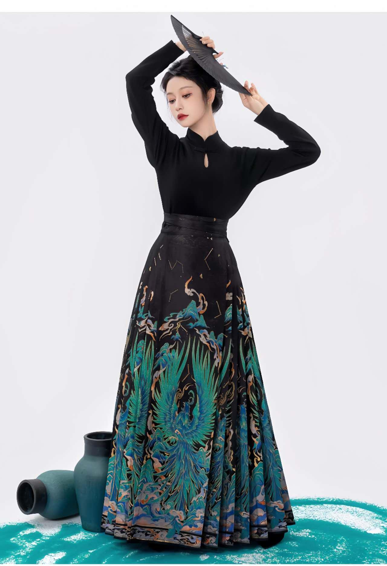 Falda Hanfu Pájaro Mítico, Maxi Falda China, Falda Plisada Cintura Alta, MaMianQun Estampada,Elegante Conjunto Festival,Hanfu Estilo Antiguo