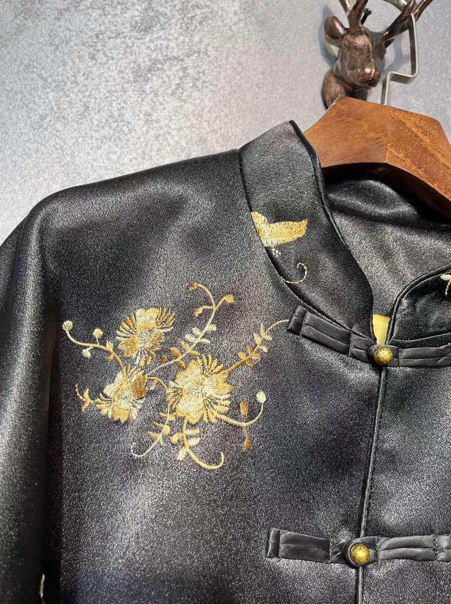 Chaqueta de seda china Tang, Abrigo negro,Blazer con bordado de grulla dragón,Bata  vintage,Chaqueta estilo asiático,Traje formal de Kung Fu