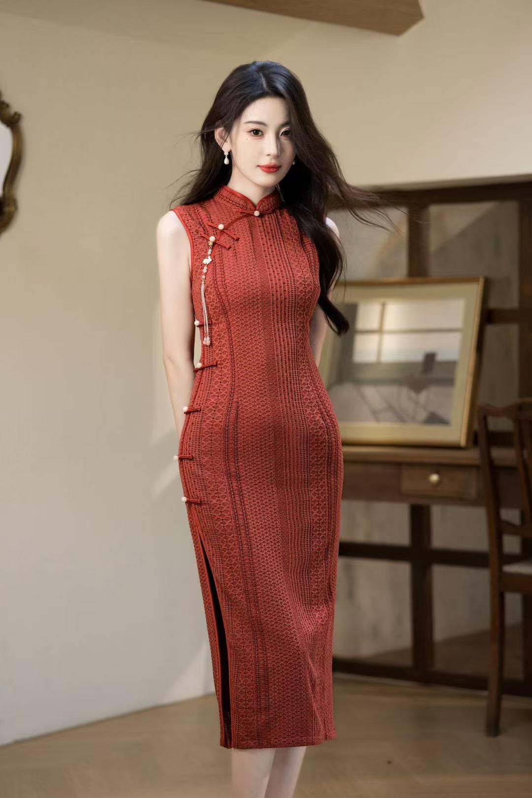 Elegant Knitted Qipao Dress, Double-Layer Cheongsam, Autumn Winter Velvet, Vintage Gown with Mandarin Collar, Floral Print, Gift