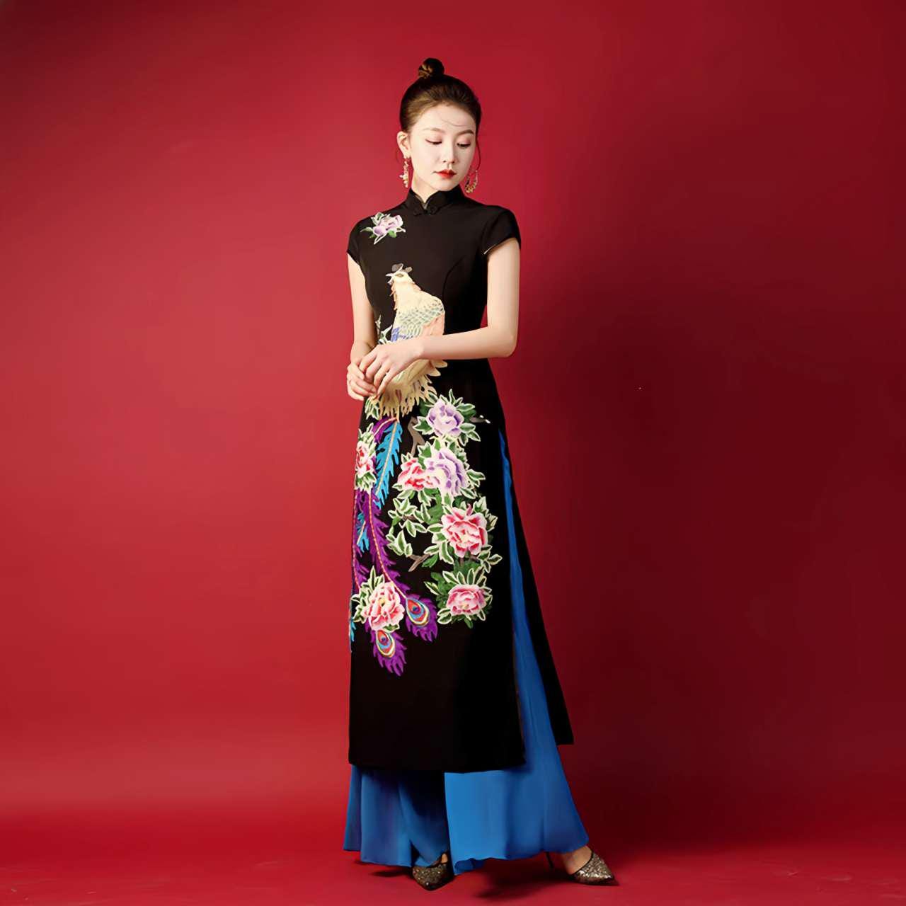 Vestido Ao Dai Qipao, Vestido Cheongsam Oriental, Vestido Bordado Pavo Real, Vestido de Noche Vintage Asiático, Vestido Estilo Vietnamita