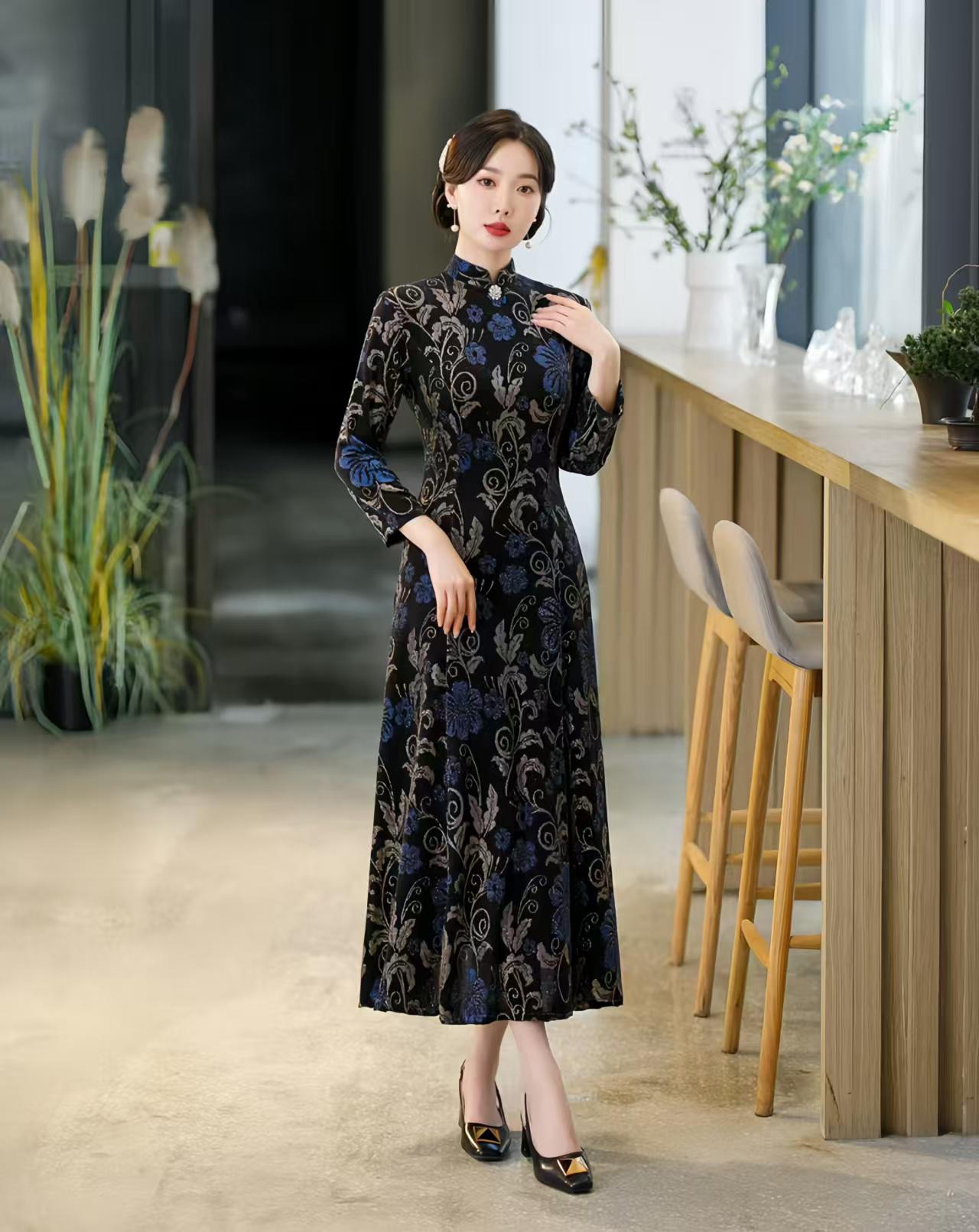 Elegante Vestido Qipao Floral,Maxi Cheongsam Lujo,Noche de Mezcla de Seda,Chino Vintage,Fiesta de Cóctel,Cheongsam larga,regalo para ella