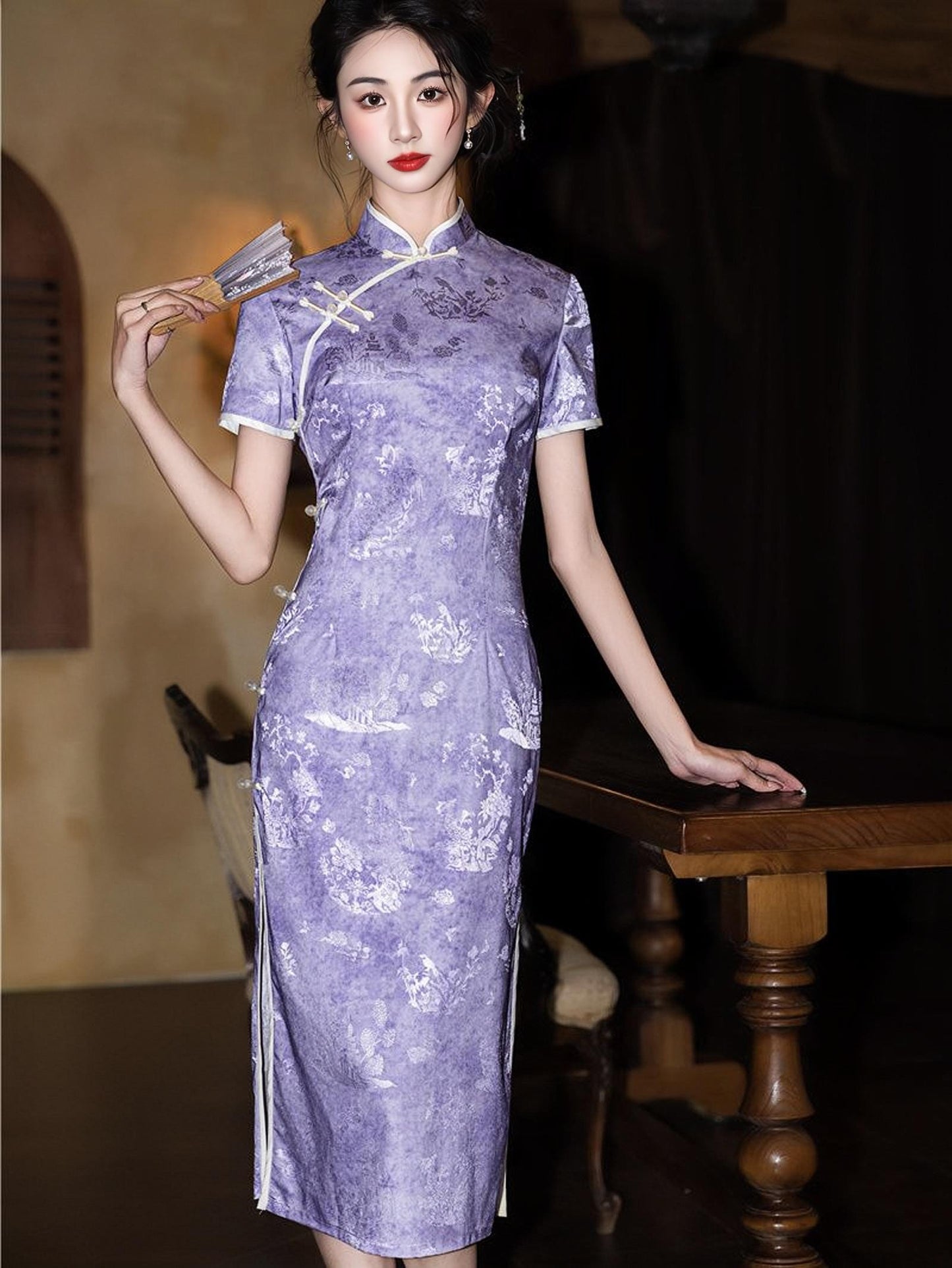 Vestido Qipao Morado, Elegante Cheongsam Chino,Vestido Retro Midi, Vestido Invitación de Boda Lavanda, Vestido Ceremonia Té,regalo para ella