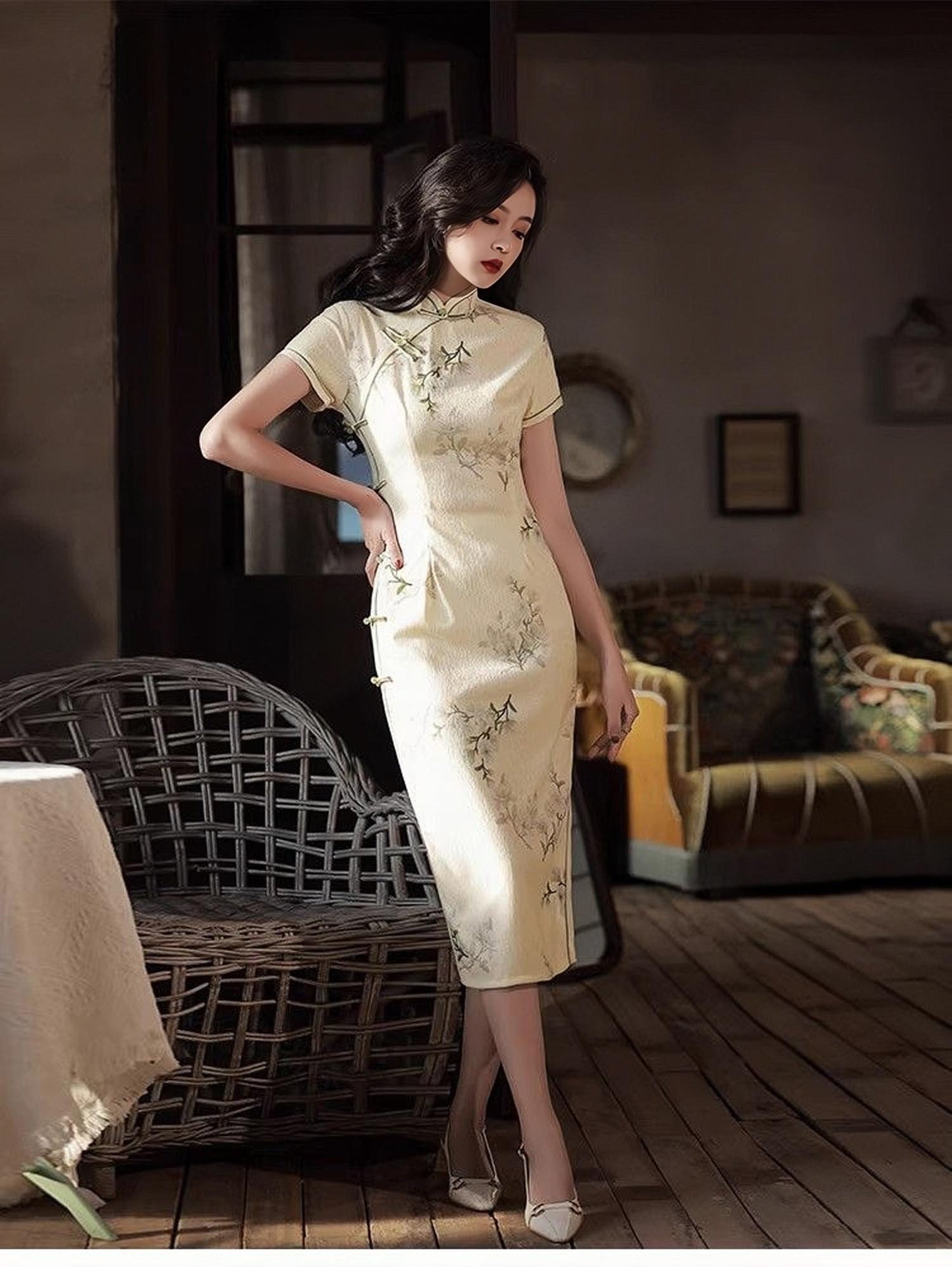 Vestido Qipao de Lino Vintage, Cheongsam Floral Chino Retro, Vestido Mandarina Ramio Natural,Traje para la Fiesta del Té, Vestido Midi