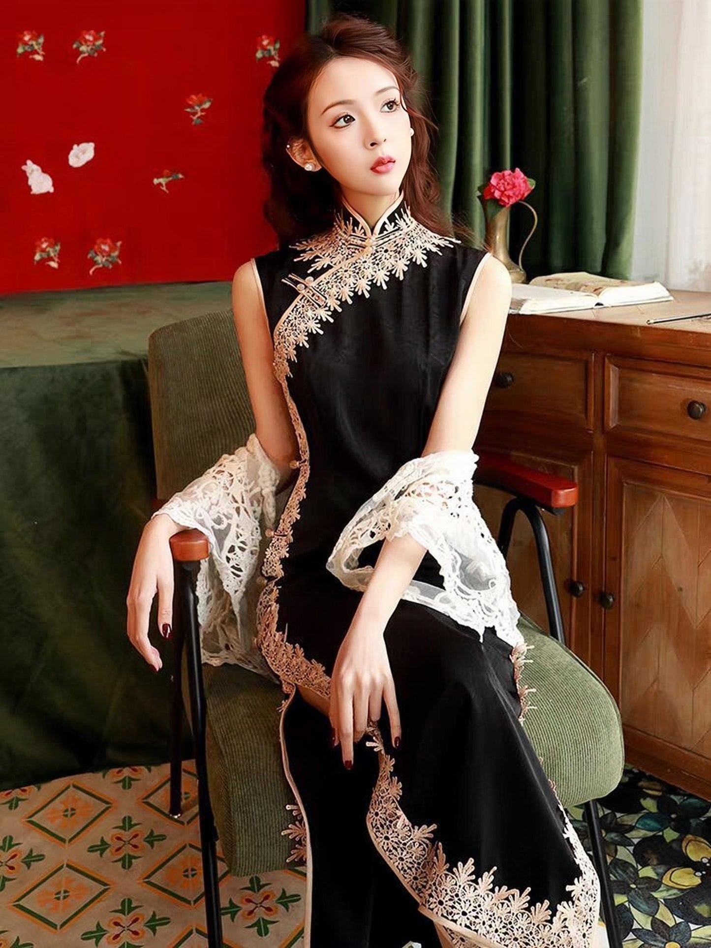 vestido qipao negro,vestido largo tradicional chino, Cheongsam estilo Shanghái retro, vestido asiático sexy,Vestido Vintage para Té