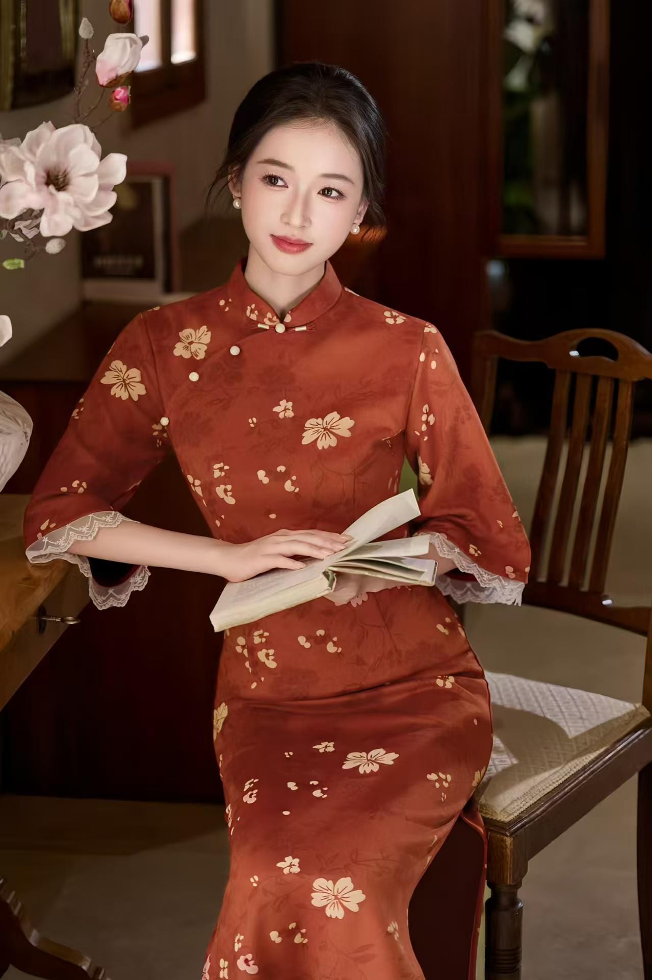 Vestido Qipao Rojo Vintage, Vestido Cheongsam de Ante, Elegante Vestido Midi Floral, Traje de Fiesta Estilo Chino, Cheongsam Otoño Invierno