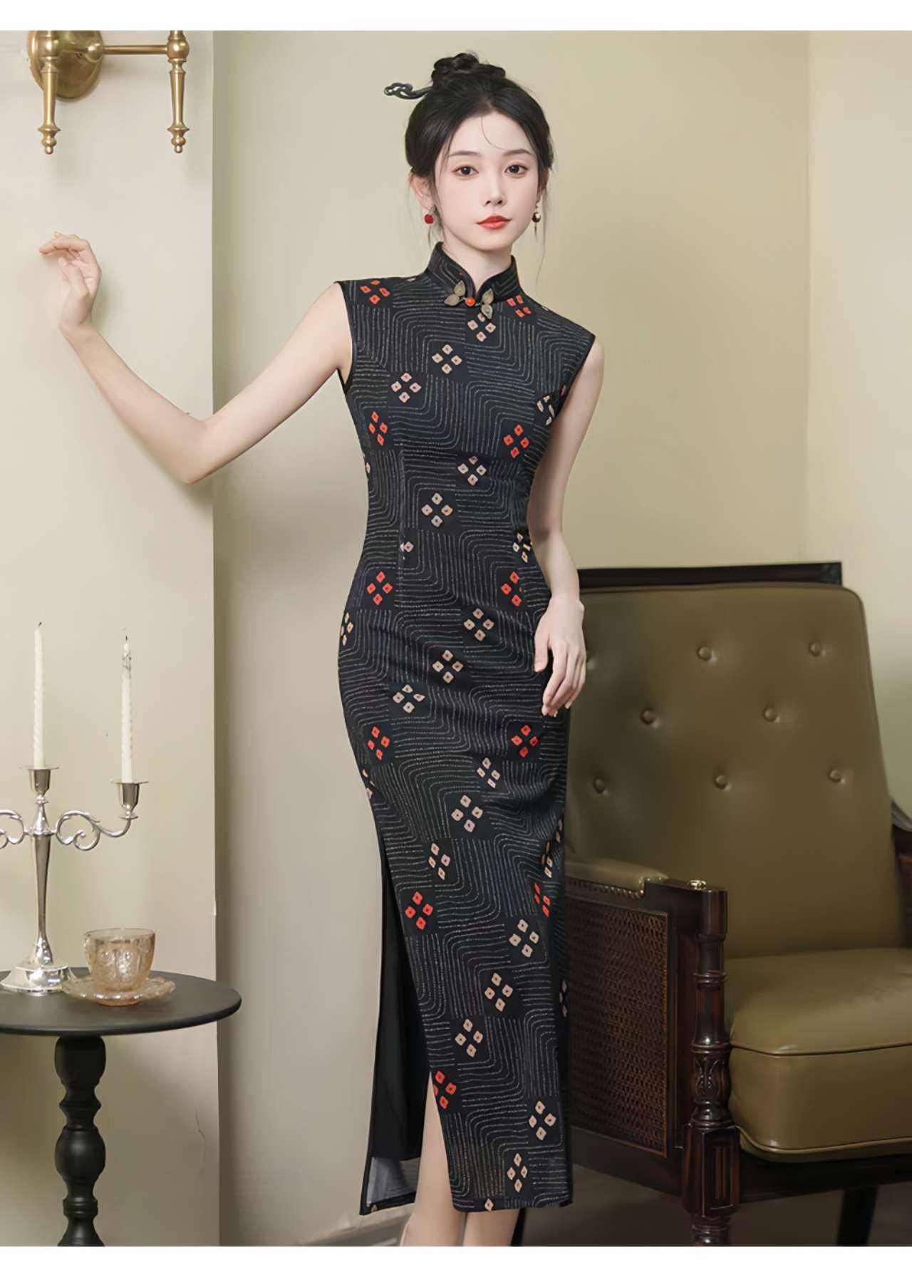 Vestido Qipao Negro, Cheongsam Chino Retro, Elegante Vestido, Vestido Oriental Minimalista, Qipao Geométrico Moderno,Traje de Noche Asiático