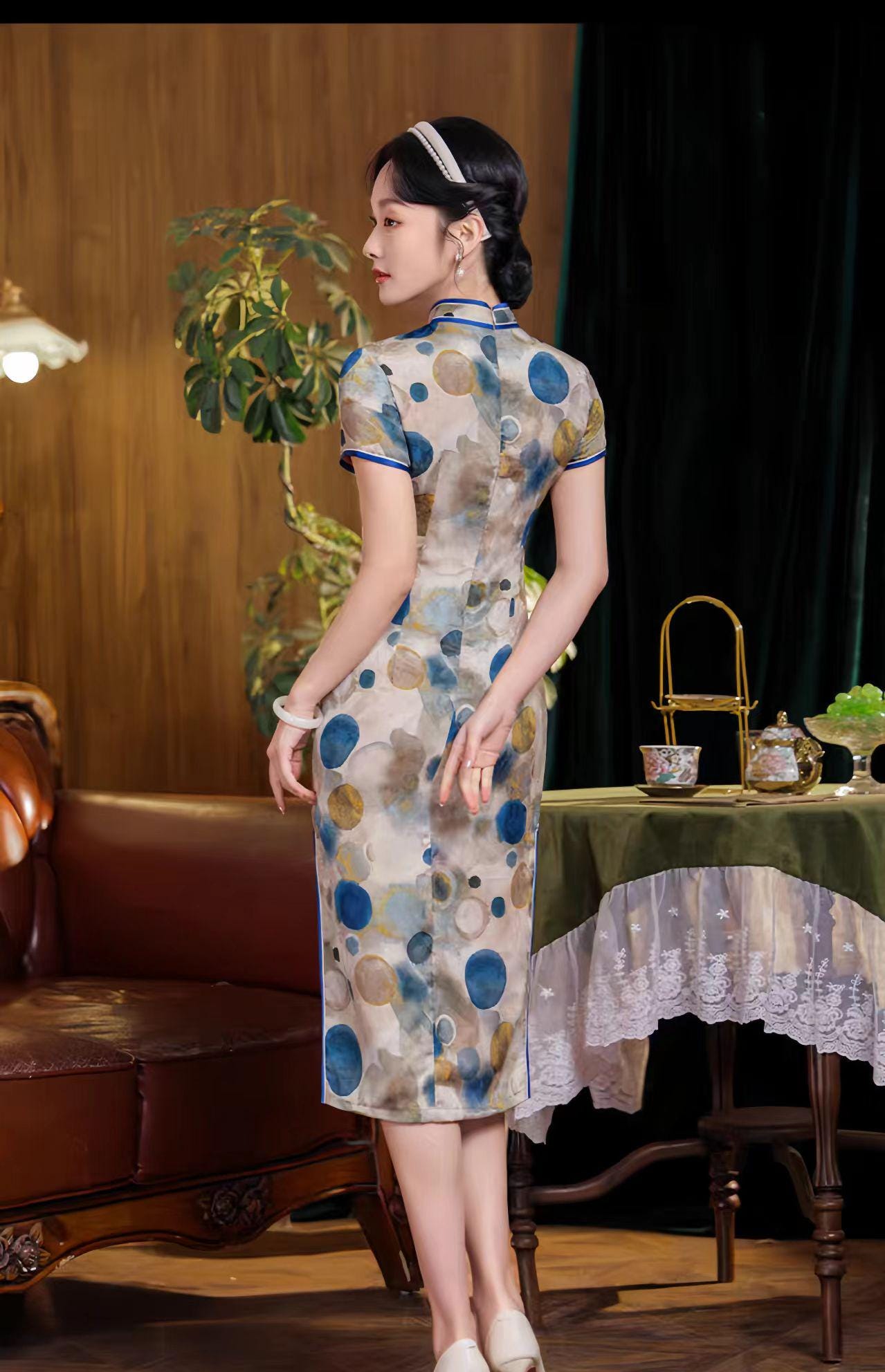 Vestido Qipao de Lunares, Vestido Chino Vintage de Lunares, Qipao Chic de Oficina, Vestido Estilo Asiático Moderno, Qipao Clásico para Mujer