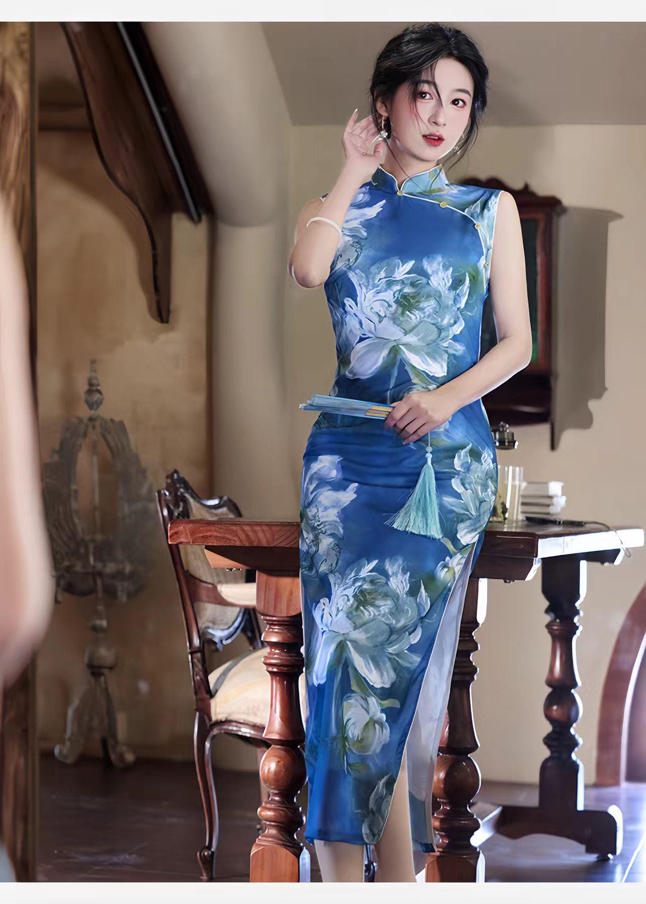 Vestido Qipao Malla Azul,Cheongsam Floral Acuarela,Vestido Chino Moderno,Vestido de Fiesta Cultural,Qipao Primavera Verano, regalo para ella