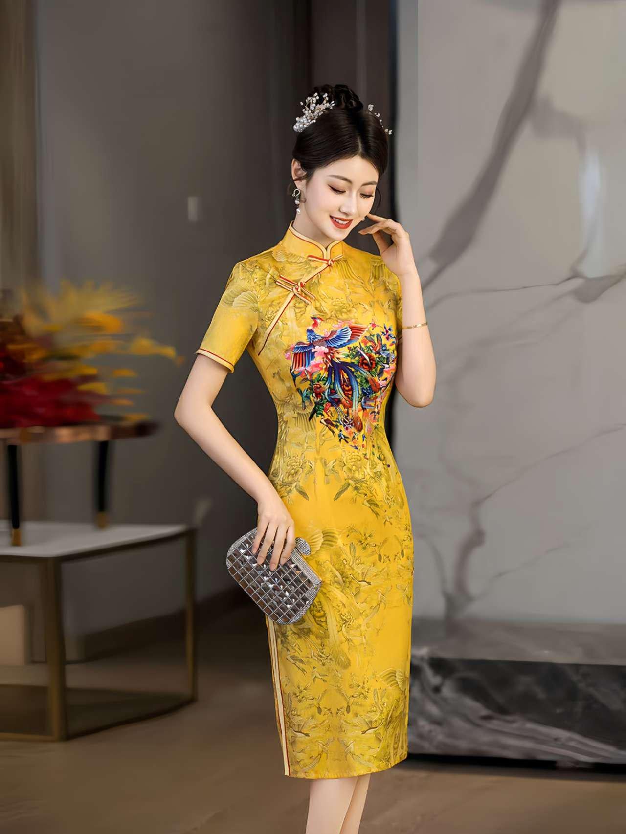 Qipao Amarillo Fénix, Vestido Cheongsam Corto, Vestido de Fiesta Chino, Traje de Cóctel Oriental, Vestido de Invitada de Boda Retro