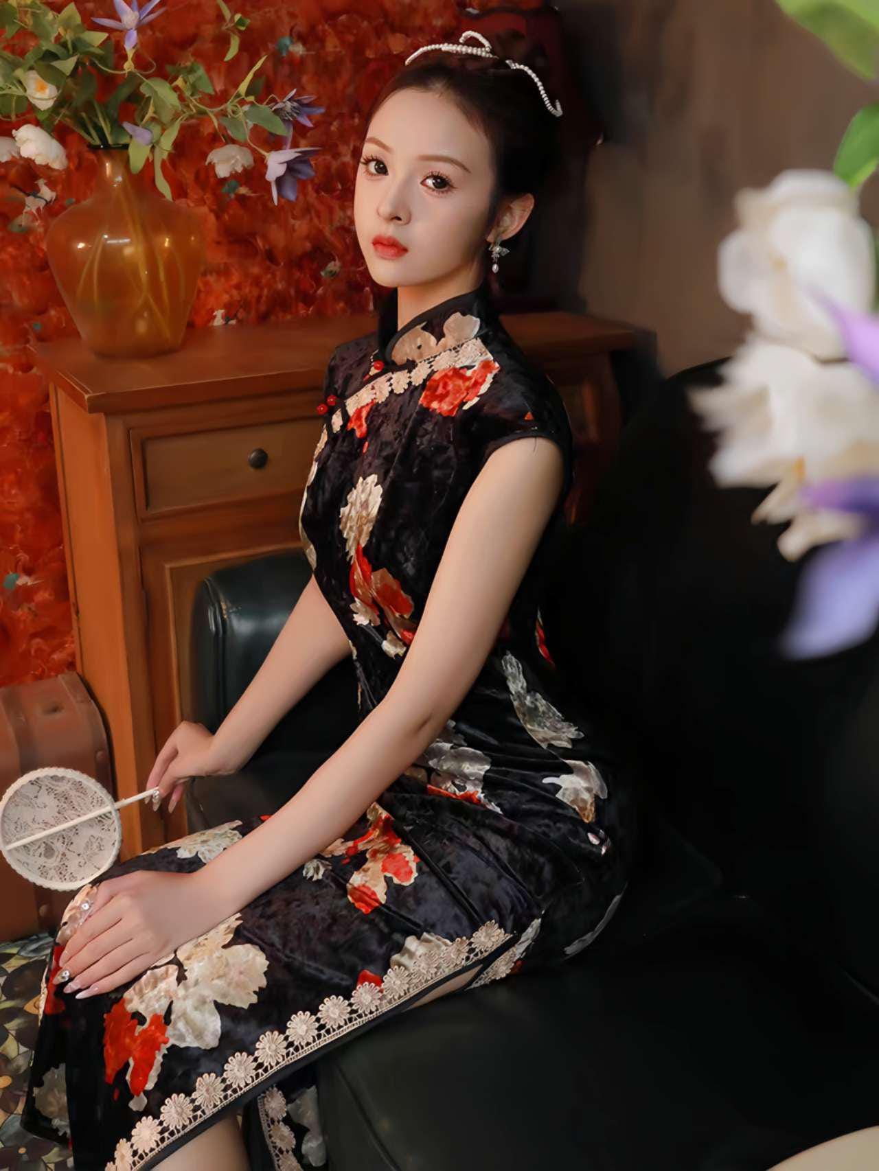 Vestido Qipao de terciopelo, Vestido Cheongsam chino, Vestido Chino Vintage, Tradicional, tallas grandes S-4XL,Vestido para Ceremonia del Té