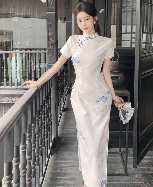 Cheongsam Floral Azul, Elegante Vestido de Fiesta Chino, Qipao Vintage de Manga Corta, Vestido para Ceremonia del Té