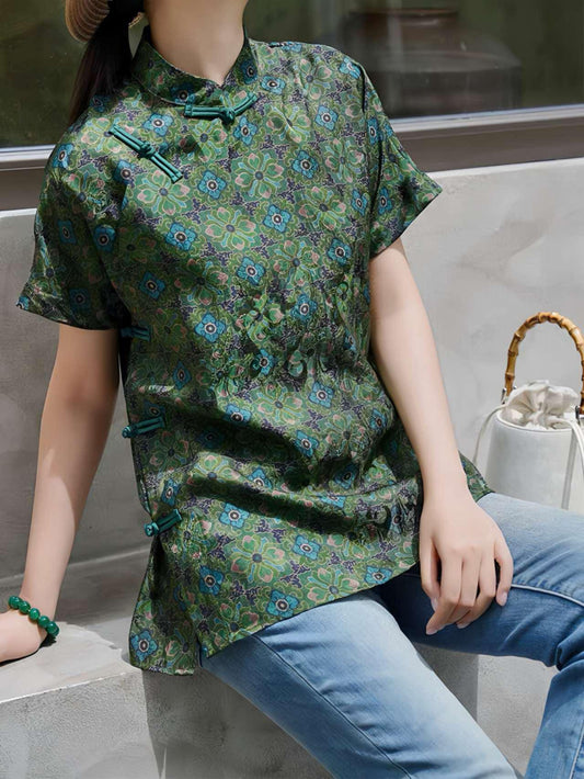 Camisa Verde China Tang,Top Vintage, Blusa Floral,Camisa Tradicional Botón Rana, Top Retro Verano,Moda Cultural Boho,Camisa étnica Statement