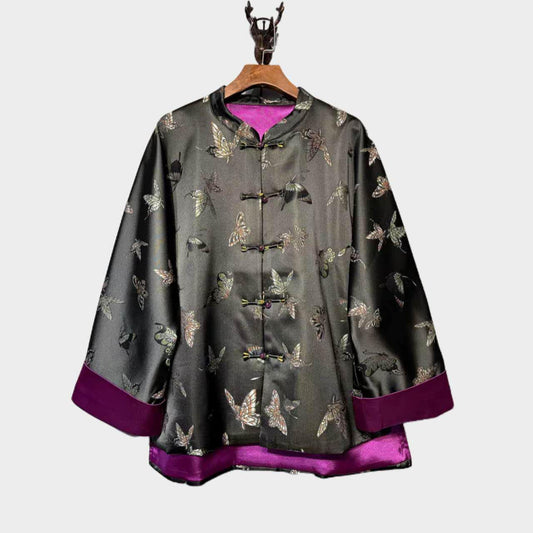 Chaqueta de Seda Mariposa Tang, Abrigo Chino Negro Morado, Blazer Bordado Asiático, Traje de Festival Oriental,Vintage,  Estilo Hanfu Unisex