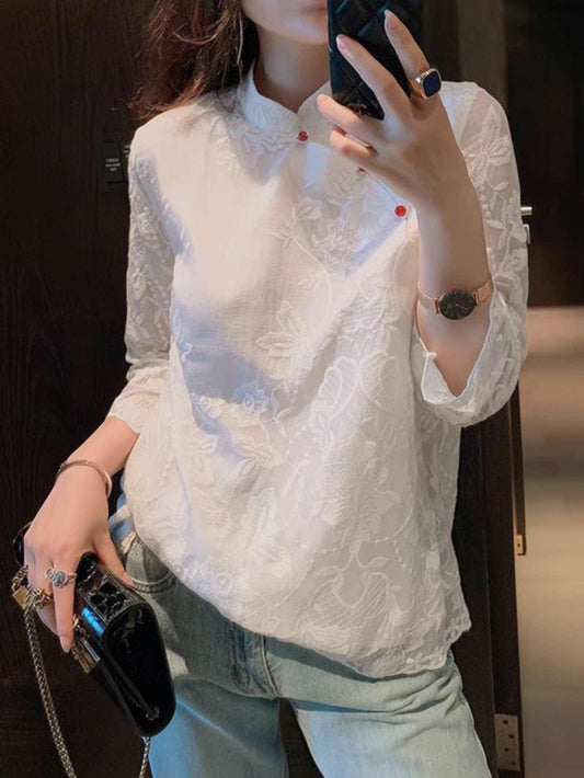 blusa china vintage mujer, camisa blanca bordada oriental, top holgado étnico retro, blusa estilo Tang, Camisa de la ceremonia del té