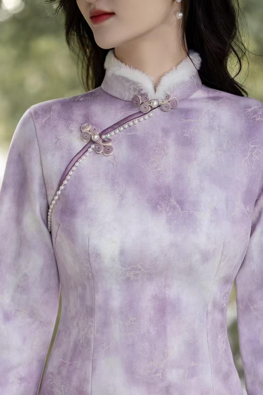 Purple-white velvet qipao, lined cheongsam, elegant Chinese dress, vintage oriental dress, luxury Asian winter costume