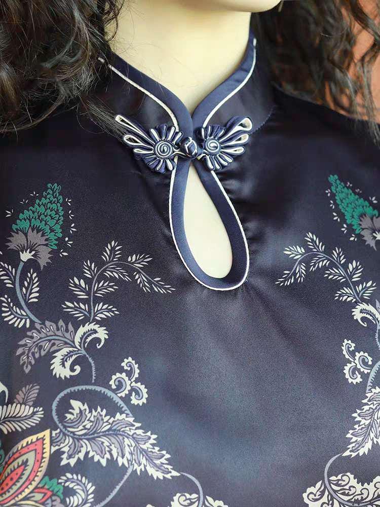 Qipao corto de seda negra, Vestido retro Cheongsam,Elegante vestido asiático de cóctel, Cheongsam Moderno, Vestido chino de verano, S-4XL