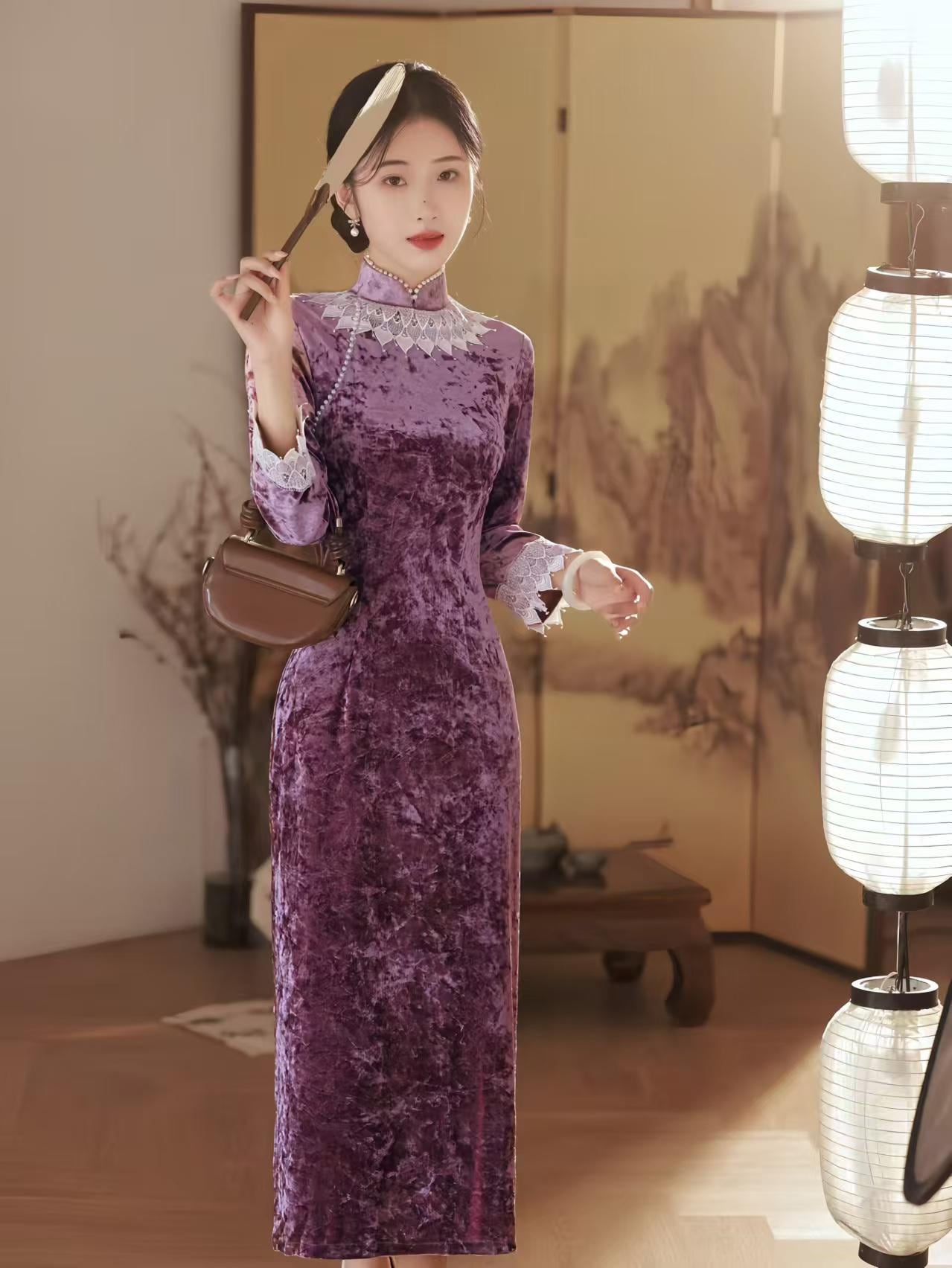 Vestido Qipao de Terciopelo, Vestido Cheongsam Verde Morado, Vestido de Noche Chino, Vestido Largo Tang Vintage,Traje Formal a Medida,regalo