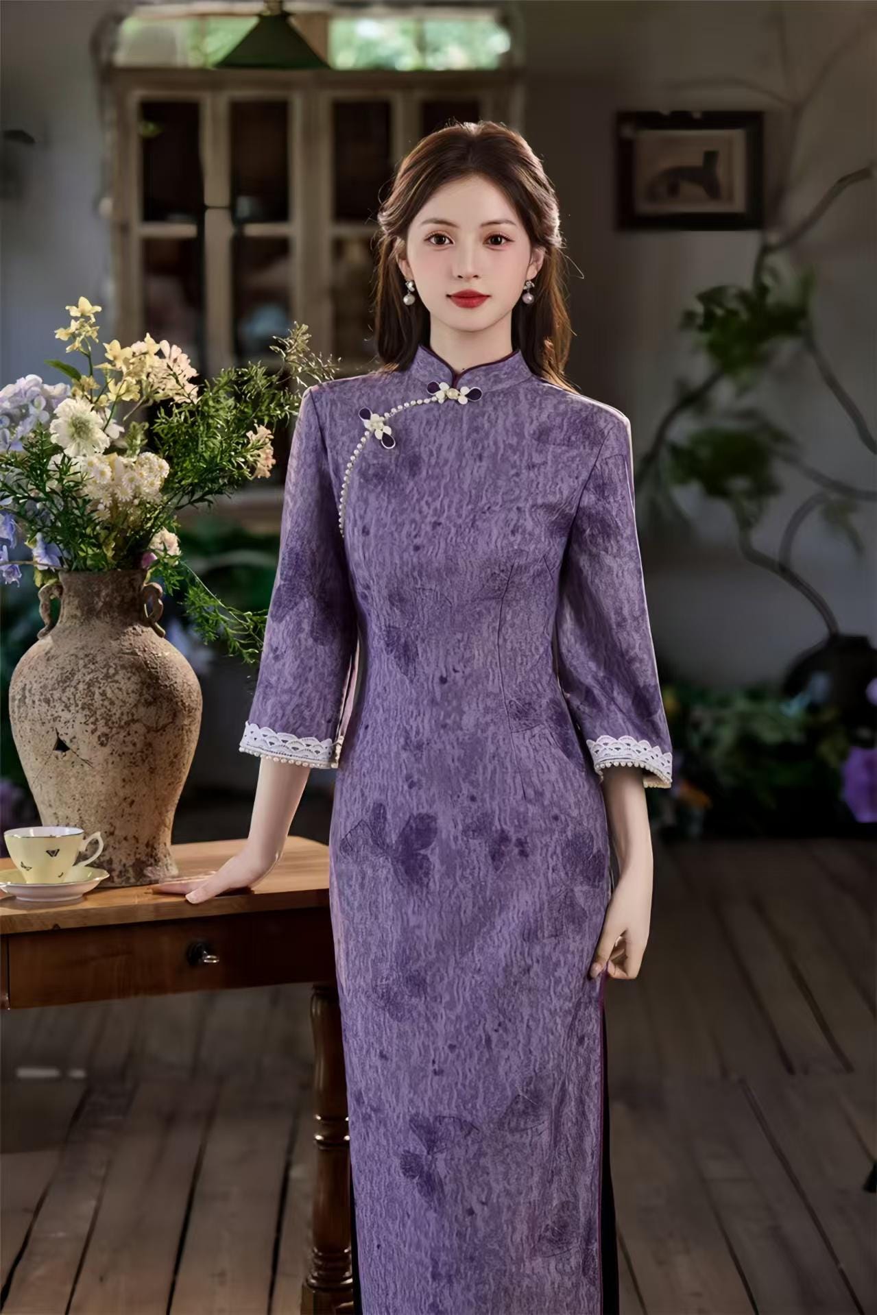 Vestido Qipao Jacquard Púrpura, Maxi Cheongsam Retro Chino, Elegante Vestido Largo Cuello Mandarín, Vestido de Noche Vintage Oriental,Veneno