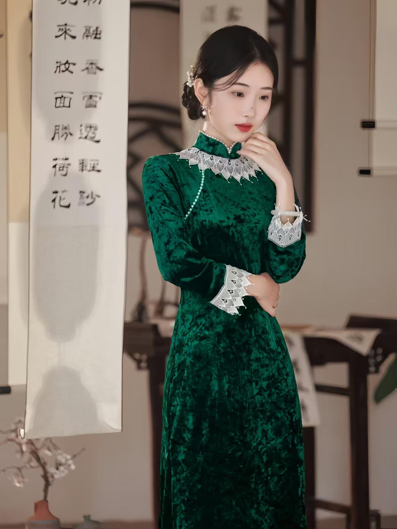 Velvet Qipao Dress, Purple Green Cheongsam Dress, Chinese Evening Dress, Vintage Long Tang Dress, Custom Made Formal Suit, Gift