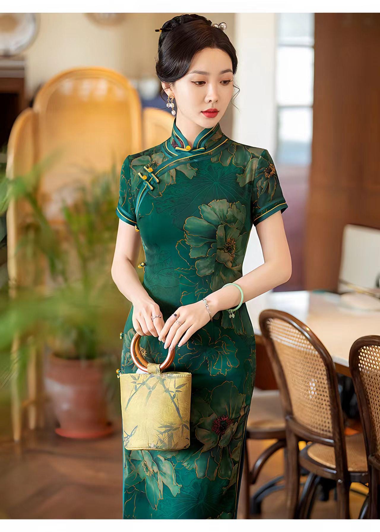Vestido Cheongsam Verde, Vestido Chino Vintage, Vestido de Ceremonia de Té, Vestido de Noche, Vestido Estilo Dinero Viejo, Ceremonia del Té