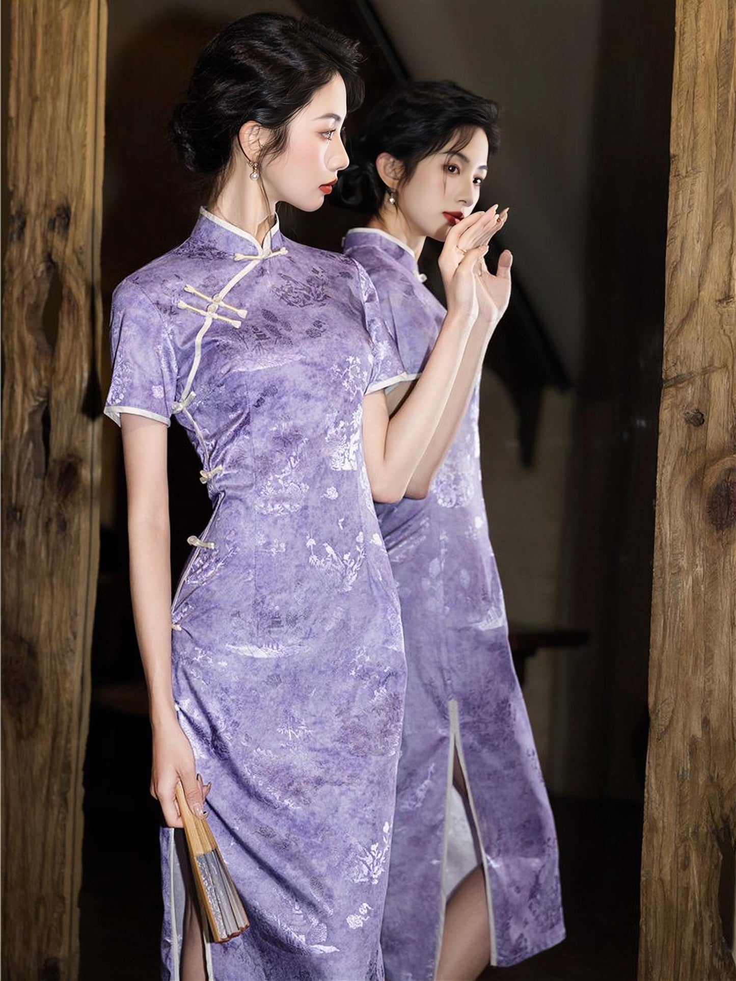 Vestido Qipao Morado, Elegante Cheongsam Chino,Vestido Retro Midi, Vestido Invitación de Boda Lavanda, Vestido Ceremonia Té,regalo para ella