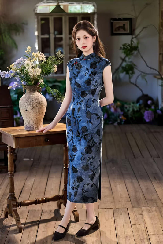 Vestido Qipao Chino Vintage, Maxi Cheongsam Floral Tie Dye,Noche con Cuello Mandarín Retro,Elegante Fiesta Estilo Asiático,Largo Tradicional