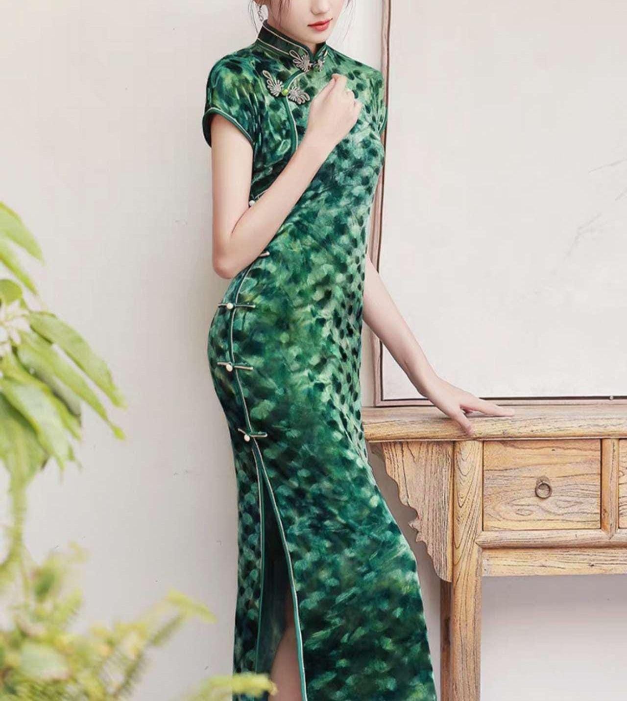 Vestido Qipao Verde Terciopelo,Cheongsam Retro para Mujer,Vestido de Fiesta Inspirado en el Antiguo Shangai,Vestido Vintage Elegante para Té