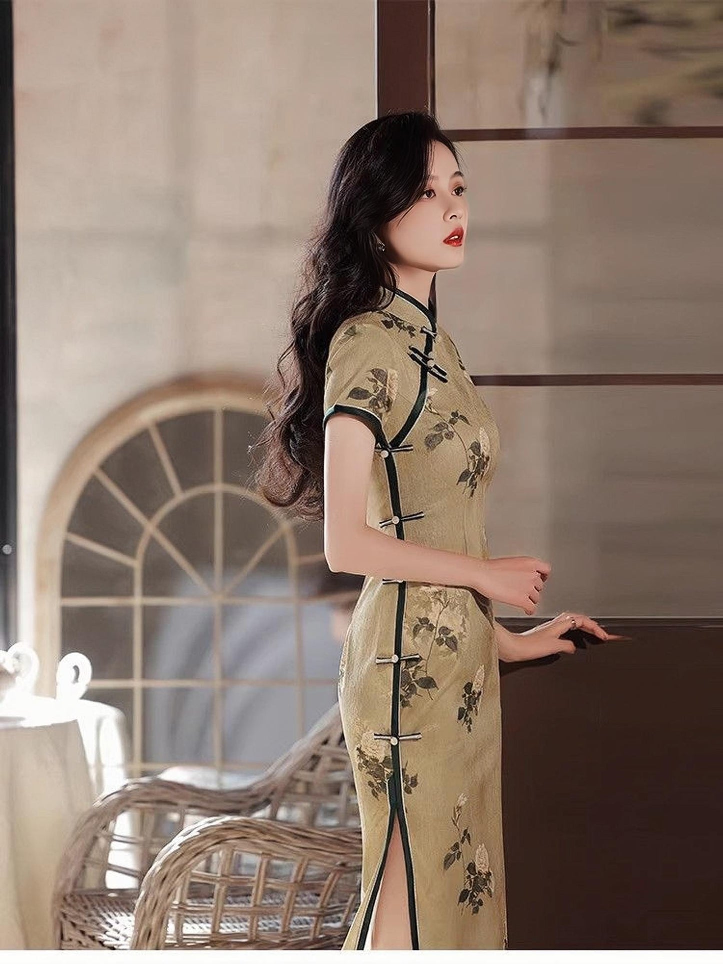 Vestido Qipao de Lino Vintage, Cheongsam Floral Chino Retro, Vestido Mandarina Ramio Natural,Traje para la Fiesta del Té, Vestido Midi