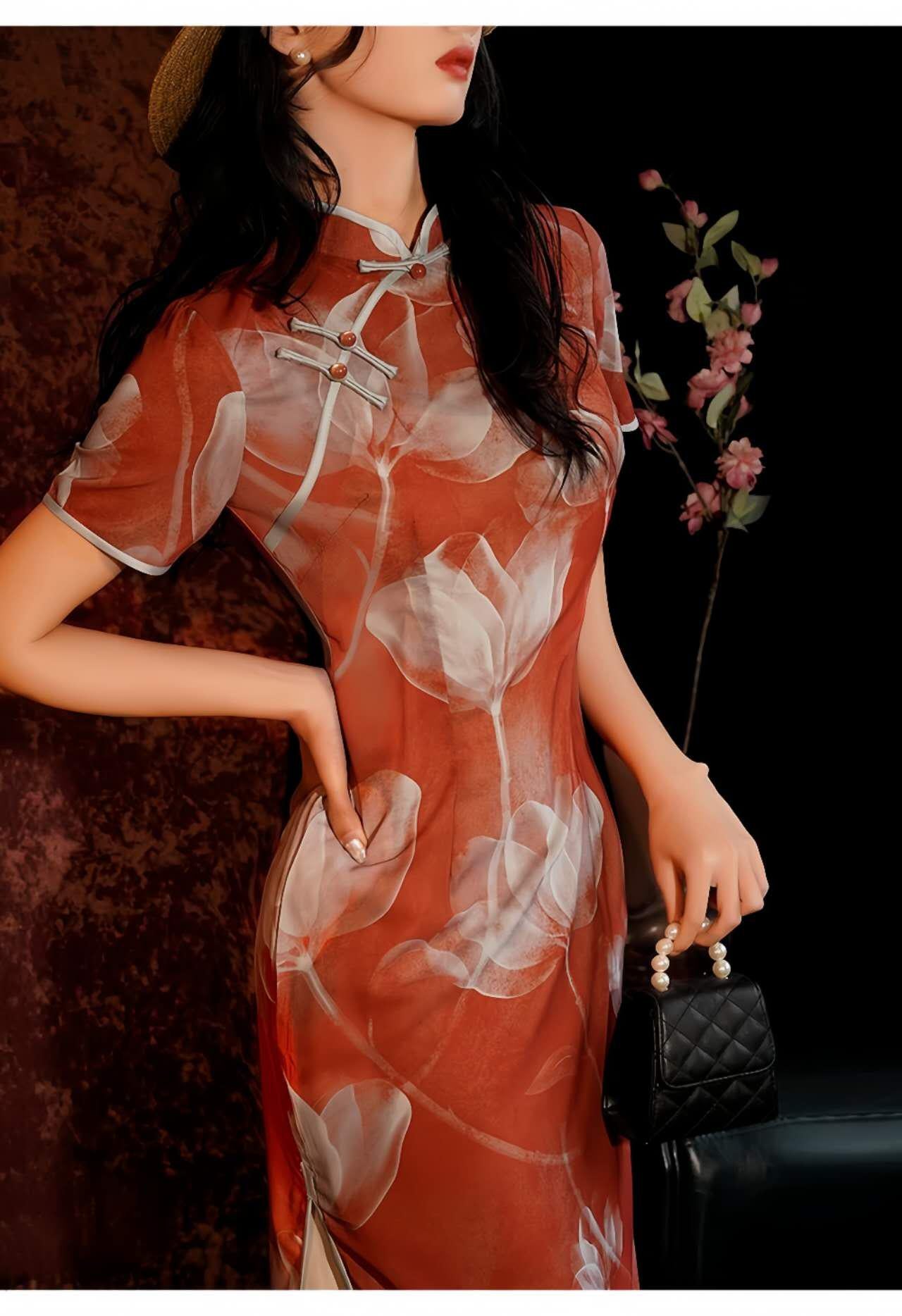 Elegante Qipao Rojo, Cheongsam de Malla Floral, Vestido Oriental Moderno,  Qipao para Boda, Vestido de Noche Chino, Romántico Traje Asiático