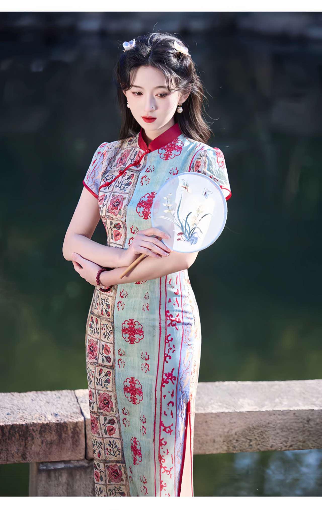 Patchwork Qipao Dress, Retro Cheongsam, Oriental Boho Dress, Vintage Style Qipao, Spring Summer Tea Dress, Gift for Her