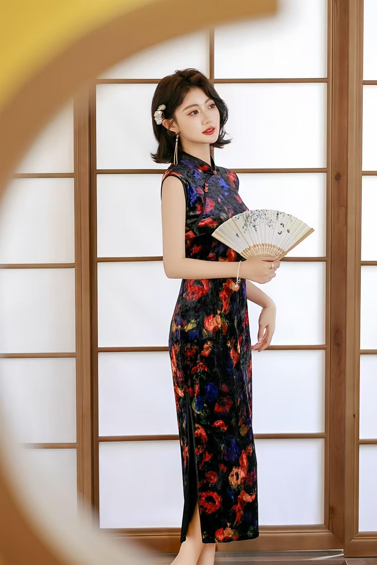 Velvet Qipao Sleeveless Dress, Black Cheongsam Evening Dress, Oil Painting Floral Chinese Dress, Artistic Oriental Style