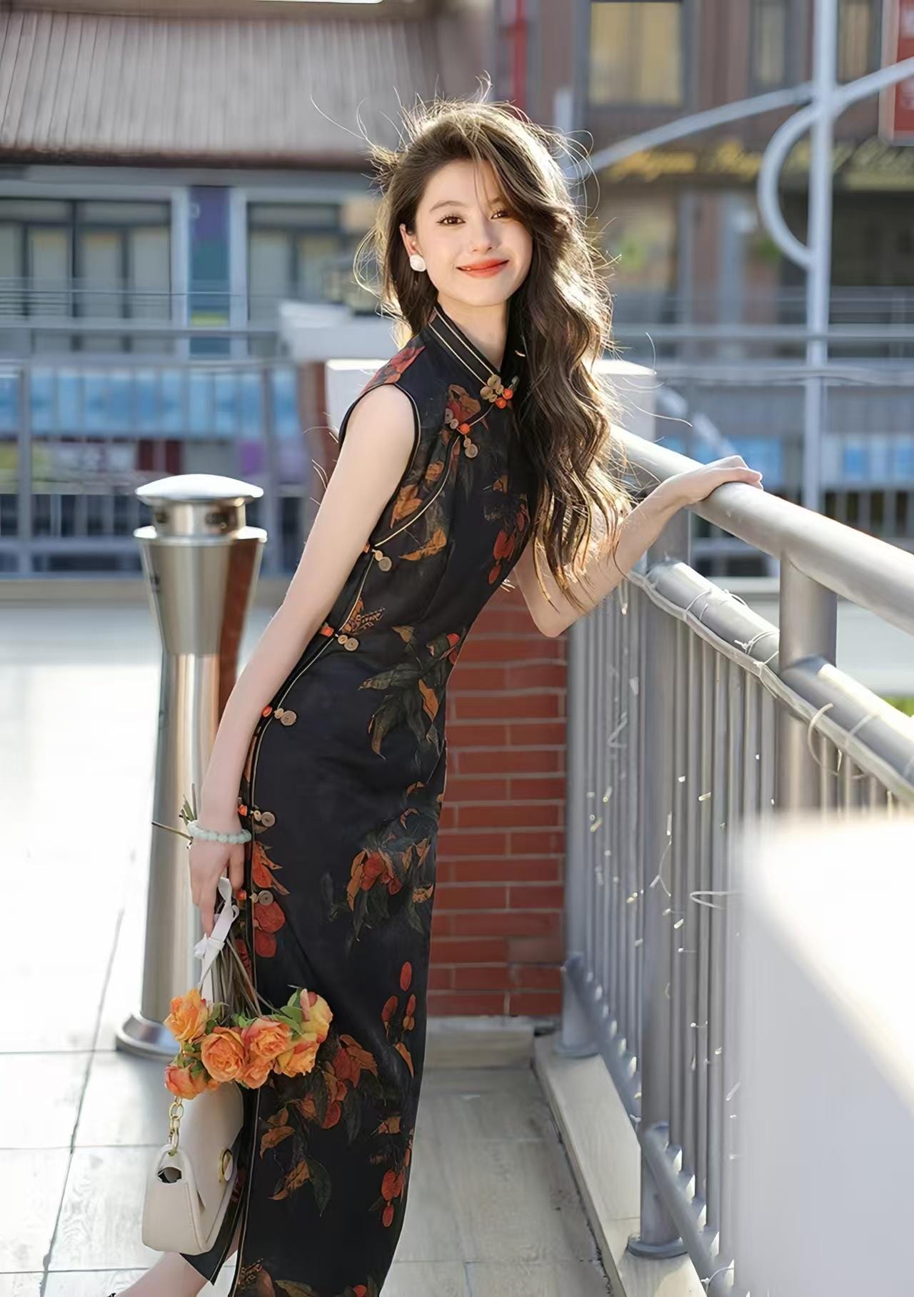 Sleeveless Cheongsam Qipao, Handmade Pumpkin Button Dress, Black Floral Fruit Print Dress, Vintage Chinese Party