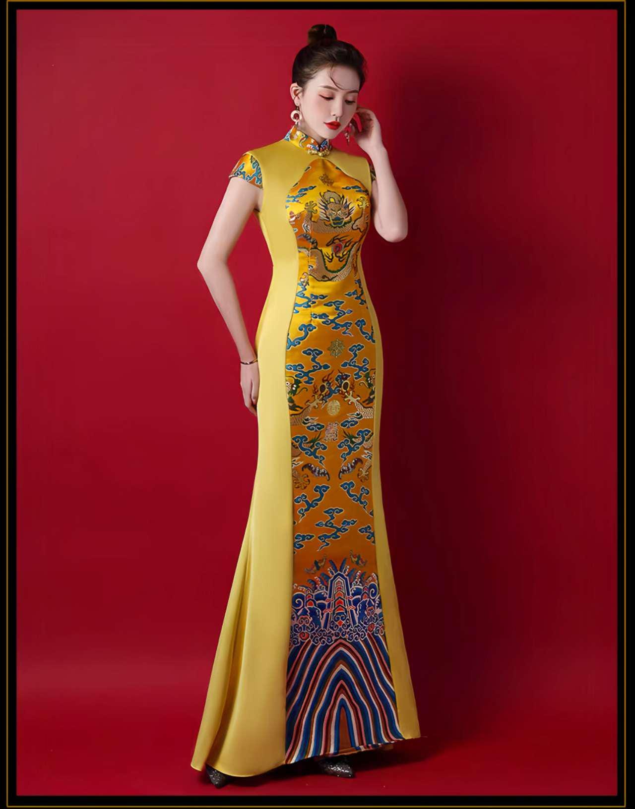 Cheongsam Dragón Imperial, Vestido Chino Amarillo, Vestido de Noche Oriental, Qipao Largo,Traje Tradicional Asiático,Traje Escénico Cultural