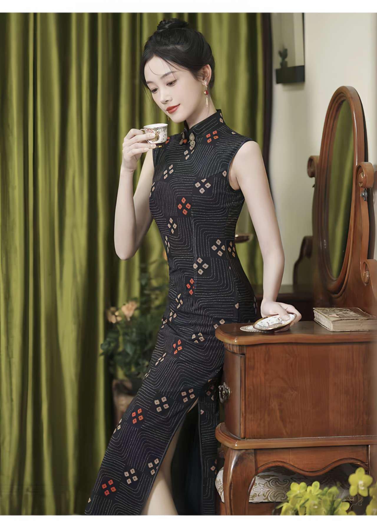 Vestido Qipao Negro, Cheongsam Chino Retro, Elegante Vestido, Vestido Oriental Minimalista, Qipao Geométrico Moderno,Traje de Noche Asiático