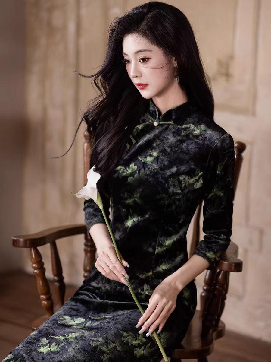 Chinese Velvet Qipao Dress, Vintage Black Cheongsam with Green Leaf Print, Elegant Long Sleeve Oriental Dress, Gift