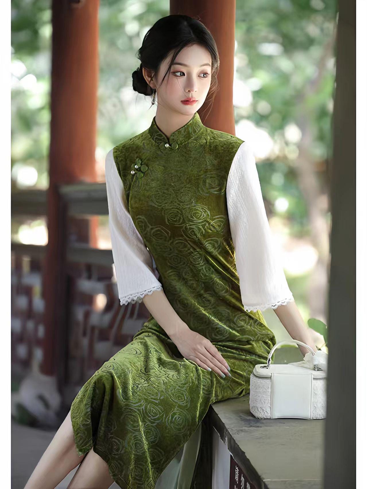 Qipao de Terciopelo,Vestido Cheongsam clásico,Vestido de Fiesta Oriental morado,Vestido Formal Vintage,Cheongsam Retro Floral,para Té o Gala