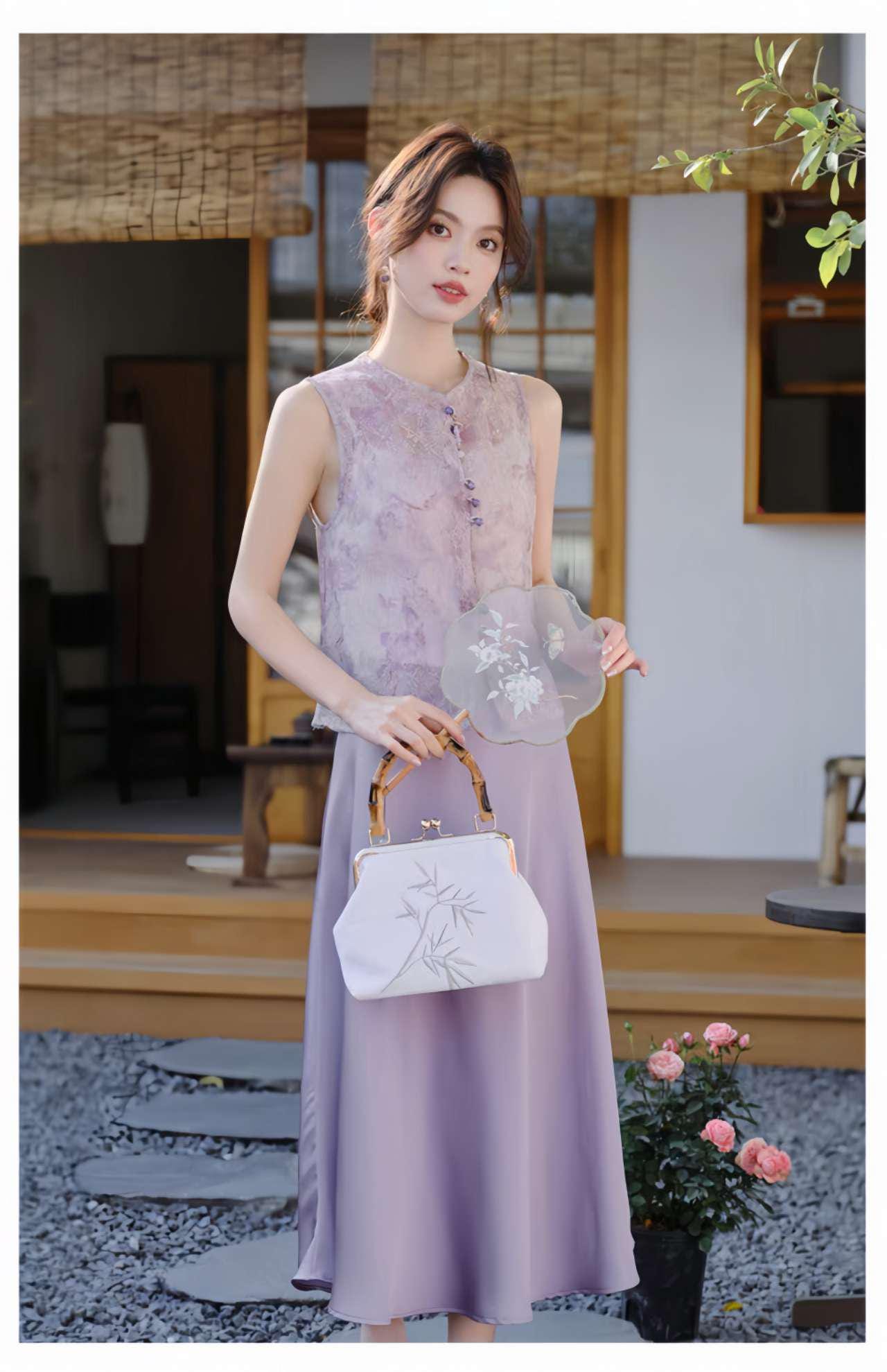 Vestido oriental de 3 piezas,Vestido Estilo Zen,Moderno Conjunto Hanfu,Conjunto Verano Oficina,Conjunto de falda asiática,Ceremonia del Té