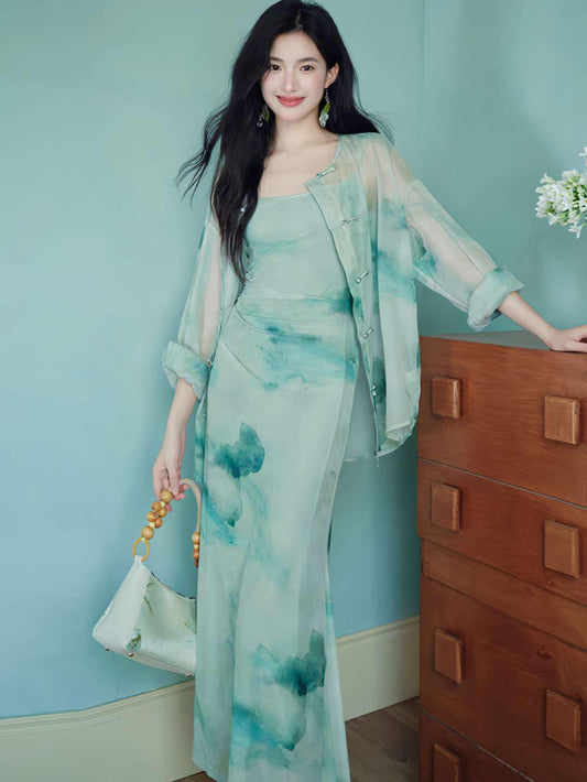 Elegante Conjunto Dos Piezas,Vestido Estilo Zen,Moderno Conjunto Hanfu,Conjunto Verano Oficina,Vestido Asiático Minimalista,Ceremonia del Té
