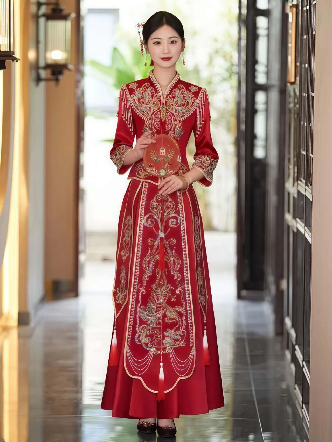 Vestido Chino Rojo Real, Vestido Tradicional Qun Kwa, Traje de Novia Cheongsam Vintage, Ceremonia de Té de Boda, Look de Compromiso Chino