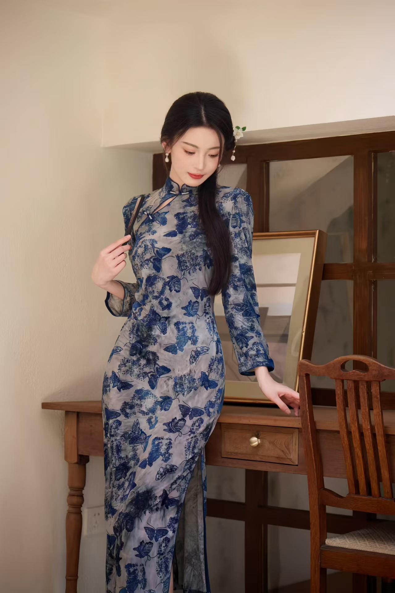 Velvet Qipao Dress, Blue Cheongsam with Butterfly Print, Elegant Oriental Evening Dress, Vintage Chinese Cocktail, Formal Fashion