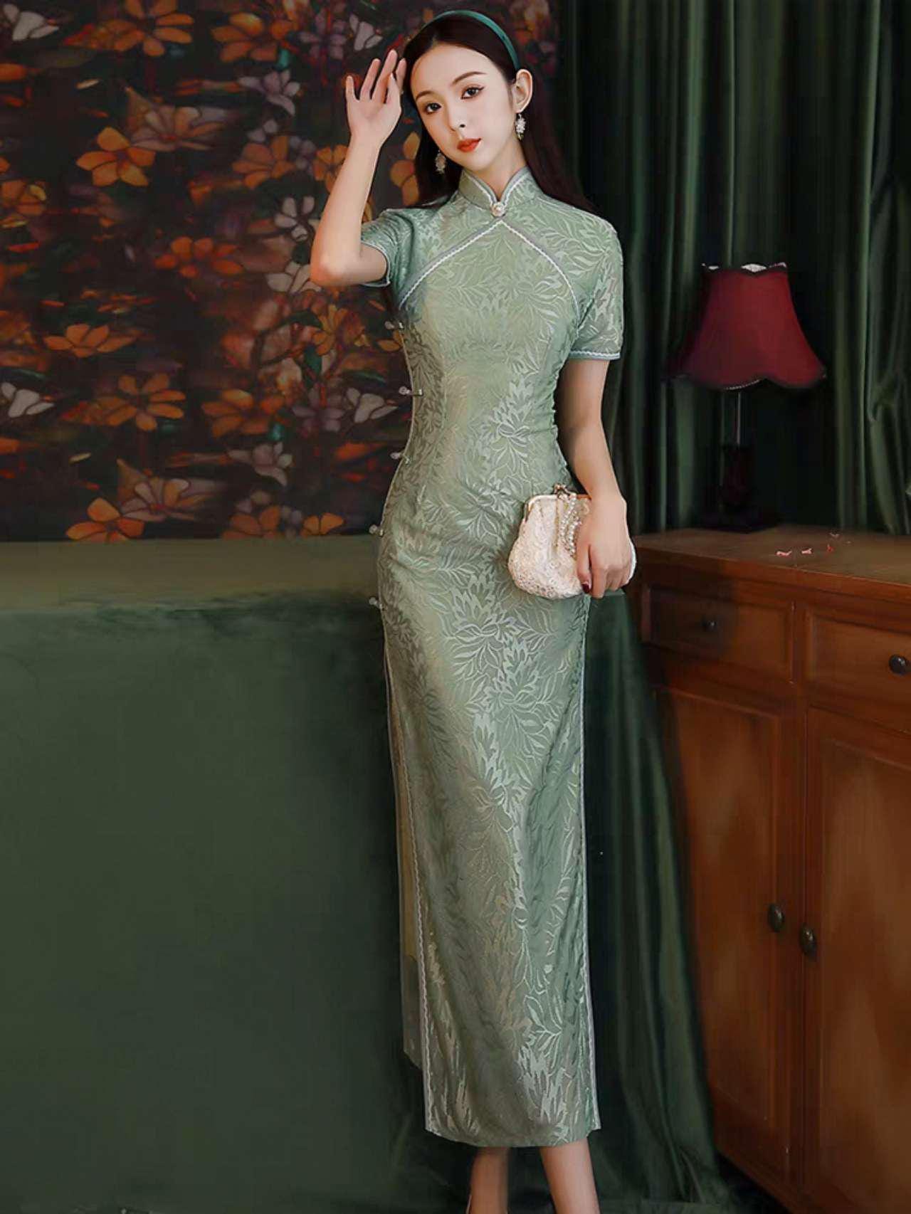 Green Lace Qipao Dress, Vintage Cheongsam, Elegant Chinese Evening Dress, Long Formal Dress, Oriental Wedding Guest Dress